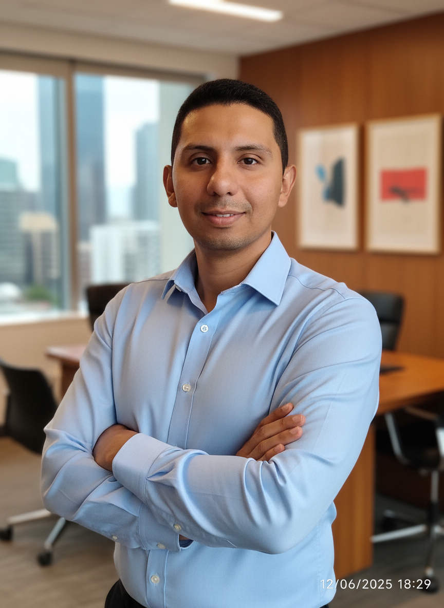 Crear foto para perfil de LinkedIn profesional millonario, con los brazos cruzados con camisa color blanca o celeste que quede  mejor con el  color de piel. - Image 1