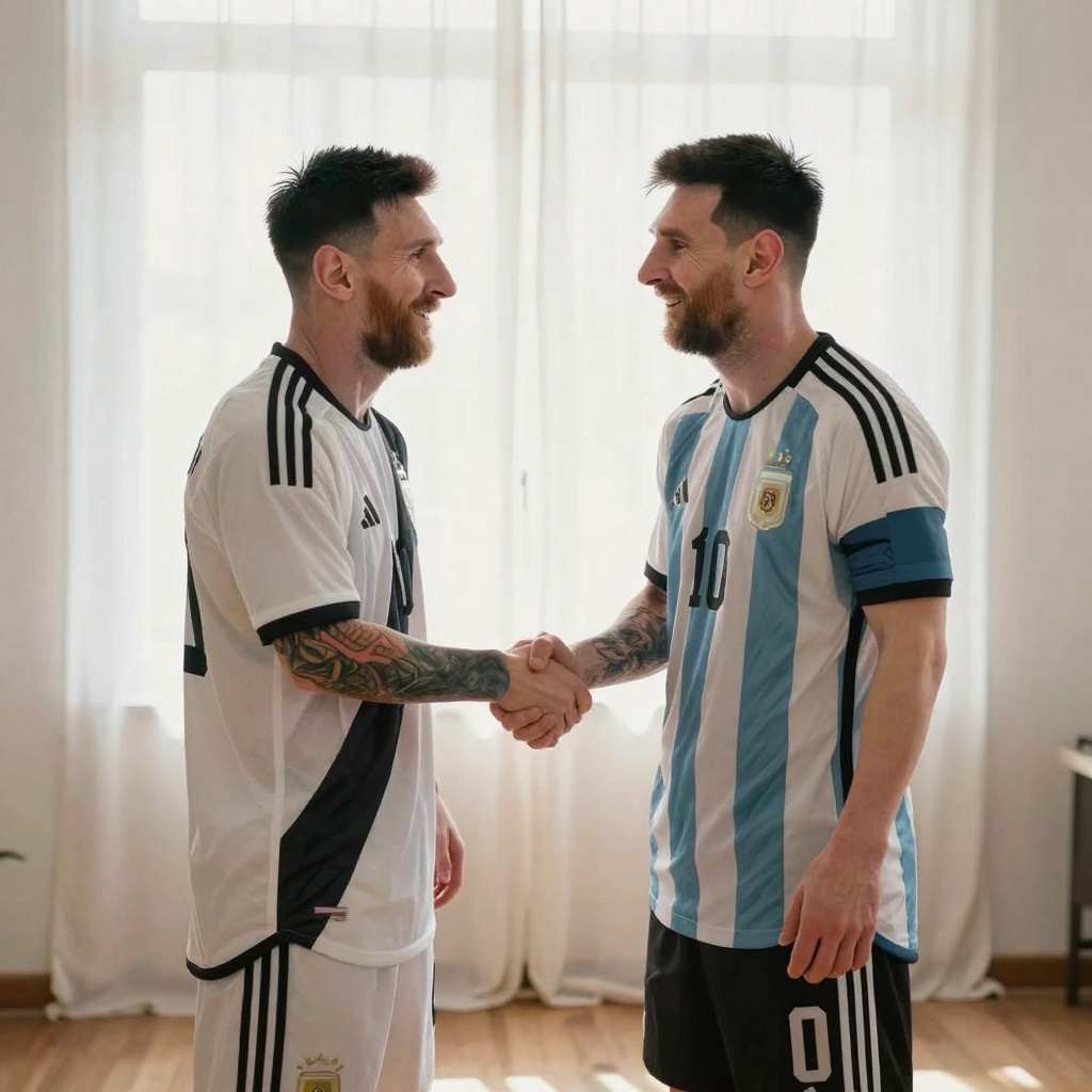 My self wearing a barca jersey and Messi wearing Arjentina jersey stand together inside an old yet timeless home, before softly draped white curtains glowing gently with natural white daylight. They are shaking hands and smiling warmly, looking at each other with genuine affection. Both faces are turned slightly toward the camera at a 3/4 angle, so they're softly visible and recognizable while remaining natural and candid. The lighting is clean, soft, and even, like daylight diffused through sheer fabric - no golden tint, no heavy shadows, no texture noise. The color tone is neutral white-balanced with smooth transitions, crisp detail, and realistic skin tones. The background is minimalist and bright, evoking quiet nostalgia and simplicity - light wood floor, faint off-white walls, and soft curtain folds. The atmosphere feels like a heartfelt portrait - modern, calm, and emotionally warm, with a sense of timeless connection between past and present. The image should look high- - Image 1